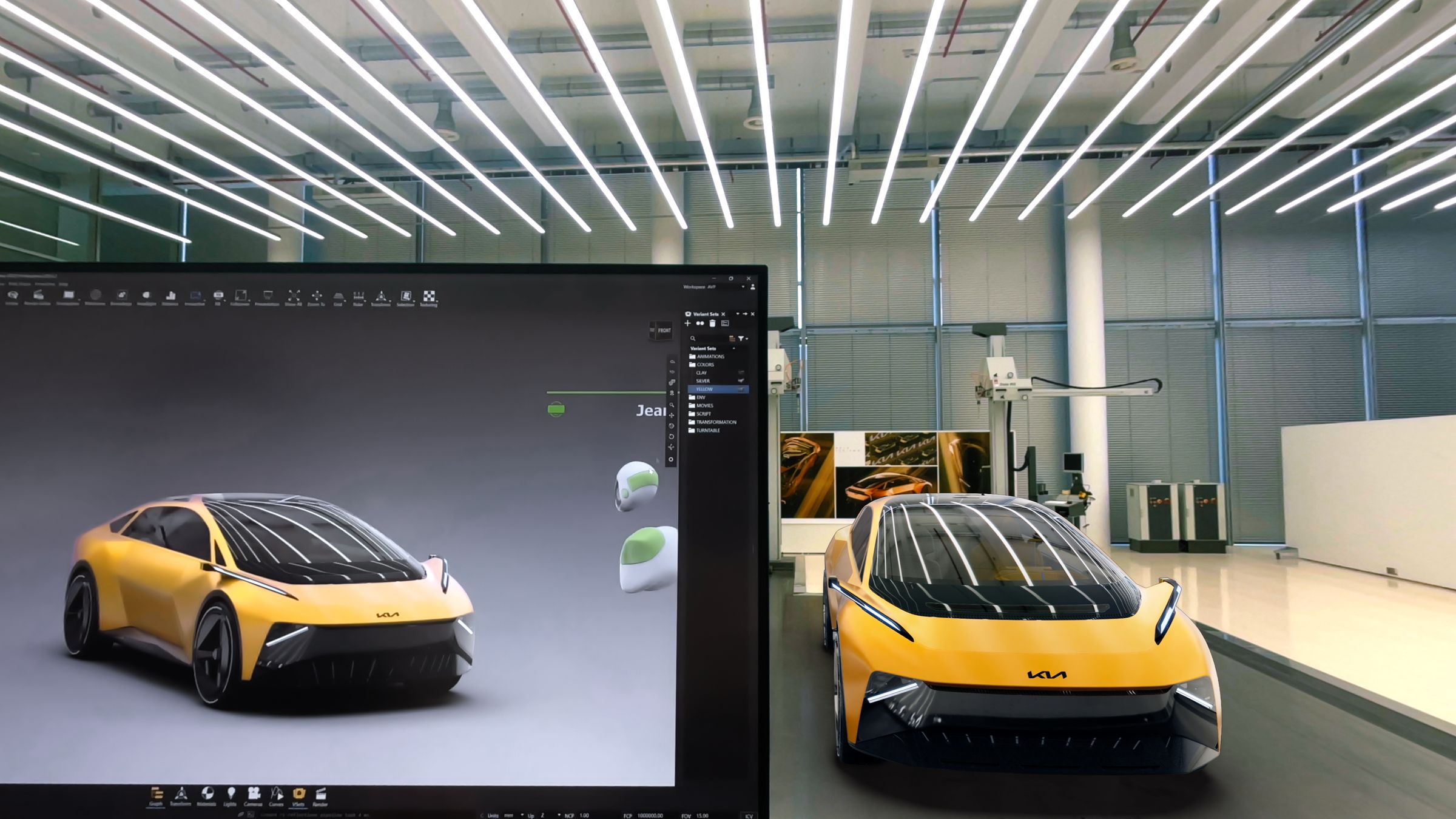 An Autodesk VRED workstation rendering a yellow Kia concept next to the same vehicle viewed in mixed reality on Apple Vision Pro.