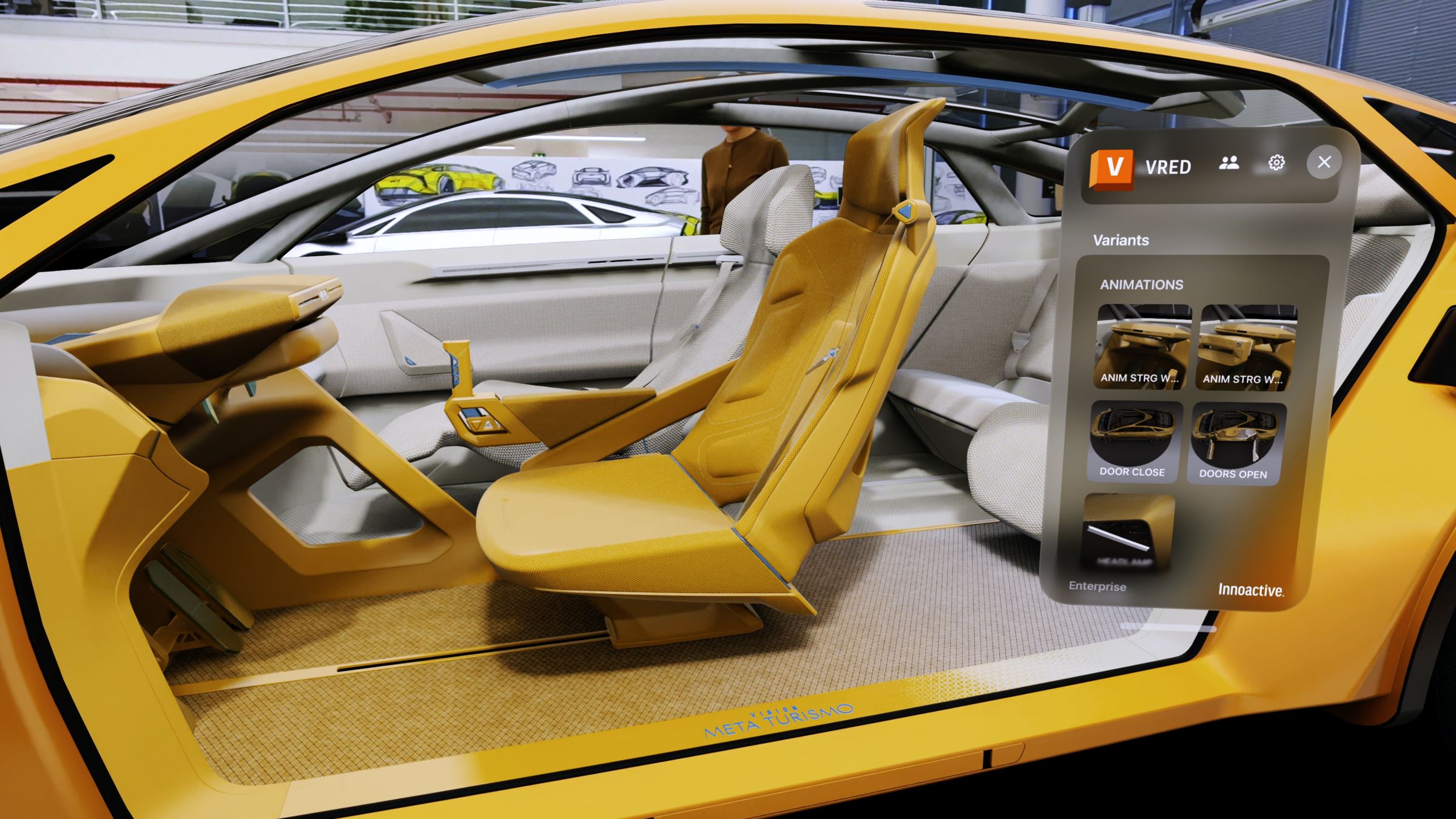 Mixed reality interior view of a Kia concept with a floating Autodesk VRED variants and animations panel.