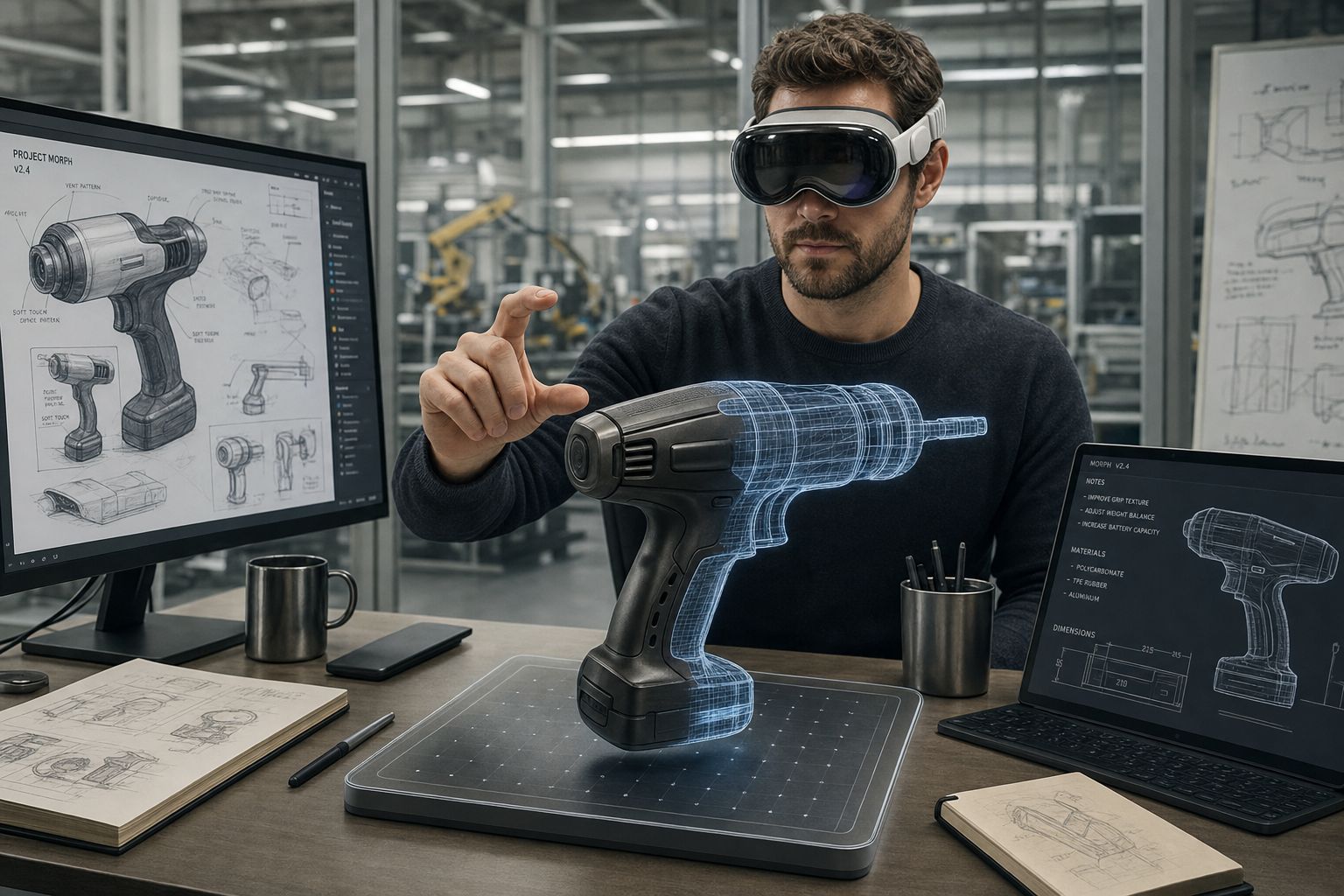 Cinematic shot of a design engineer in a modern factory office wearing Apple Vision Pro, reviewing a half-physical / half-USD-wireframe p...