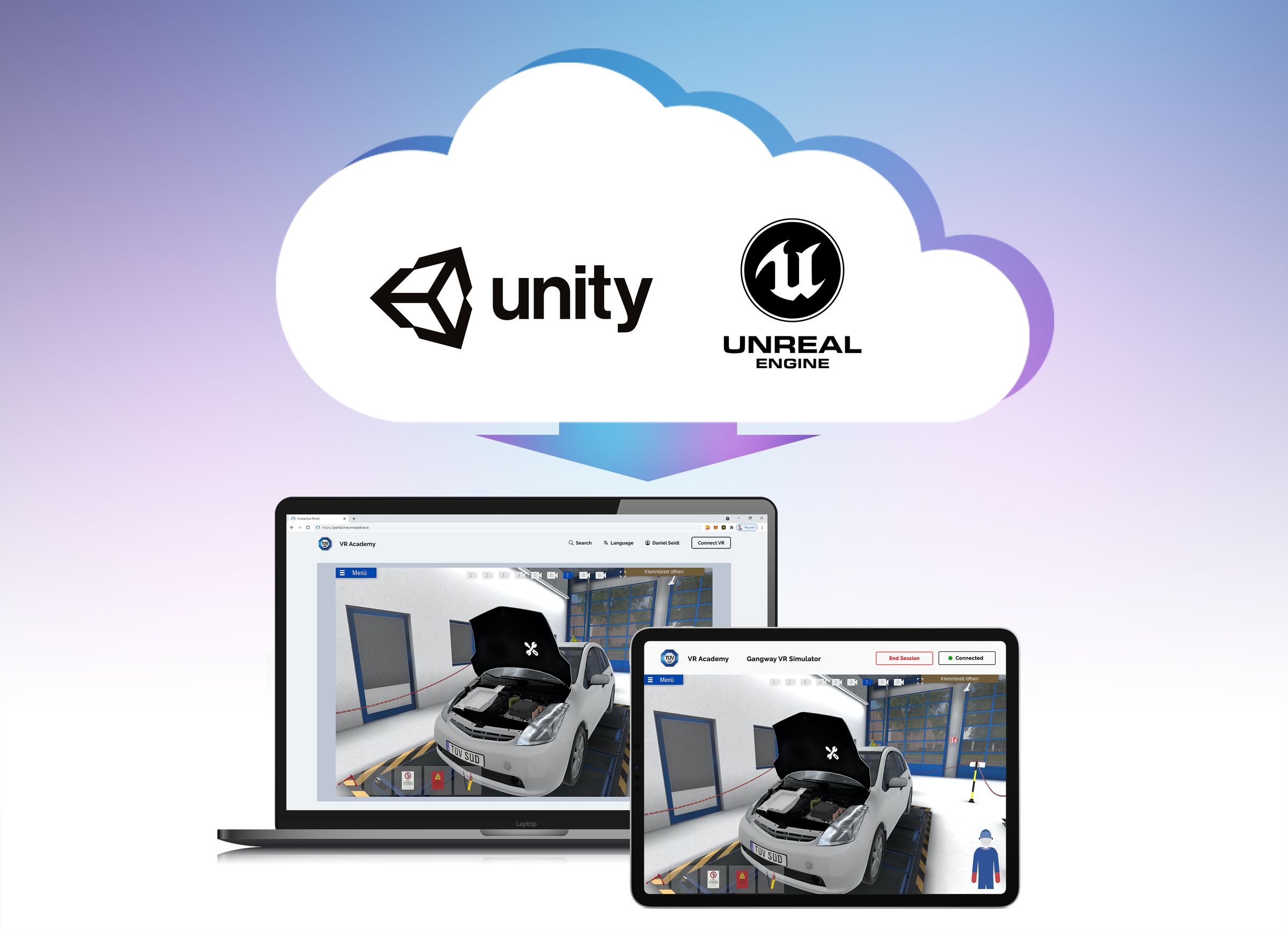 3D app streamed from a cloud GPU to a browser, a laptop, and an Apple Vision Pro.