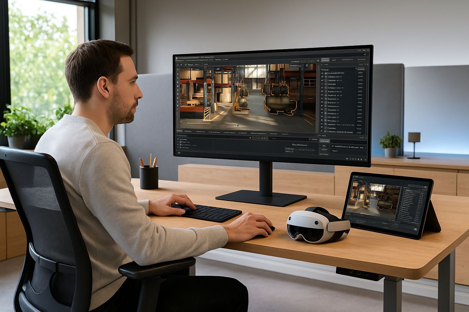 Editorial wide-angle photograph of a designer's workstation inside an unbranded Innoactive customer studio