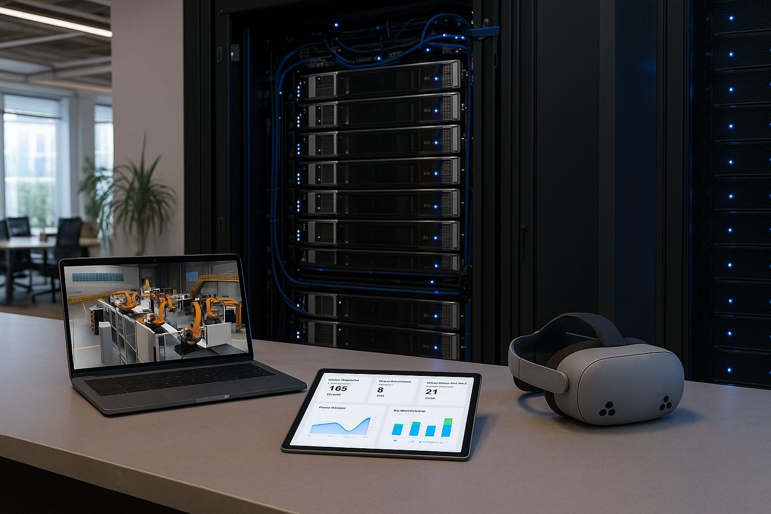 A laptop showing a robotic assembly digital twin and a tablet showing an analytics dashboard on a desk in front of an enterprise GPU server rack.