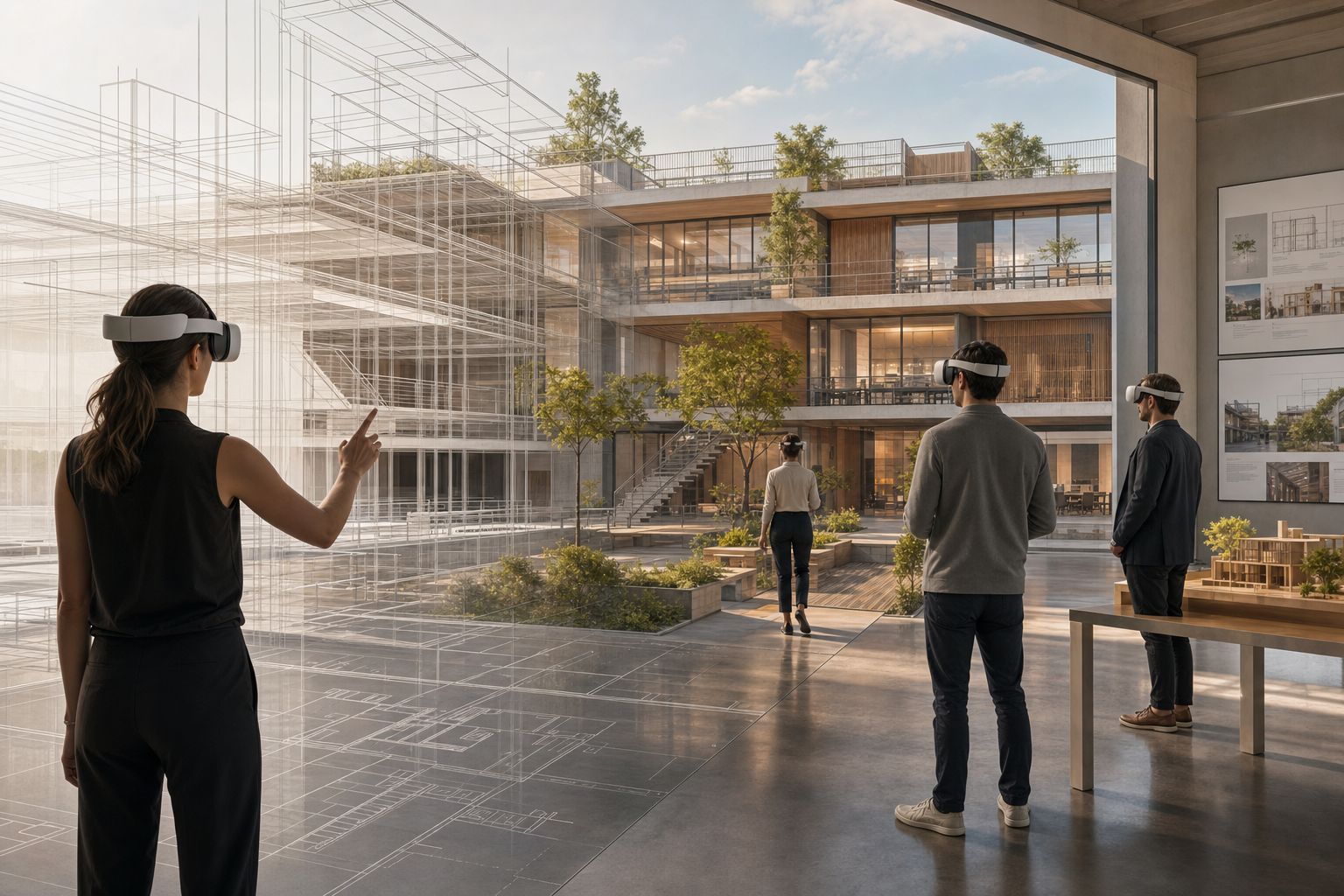 Wide cinematic shot of an architectural studio with reviewers in VR headsets walking through a half-rendered building model