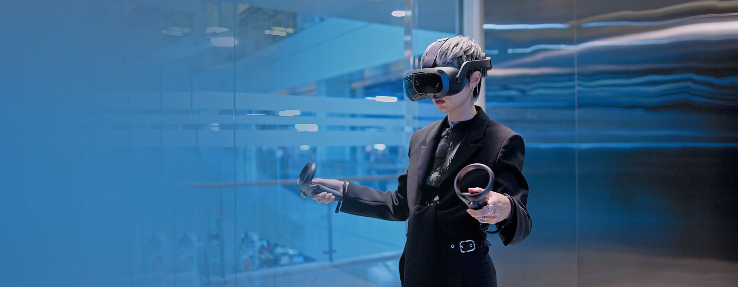 A person using a virtual reality (VR) headset