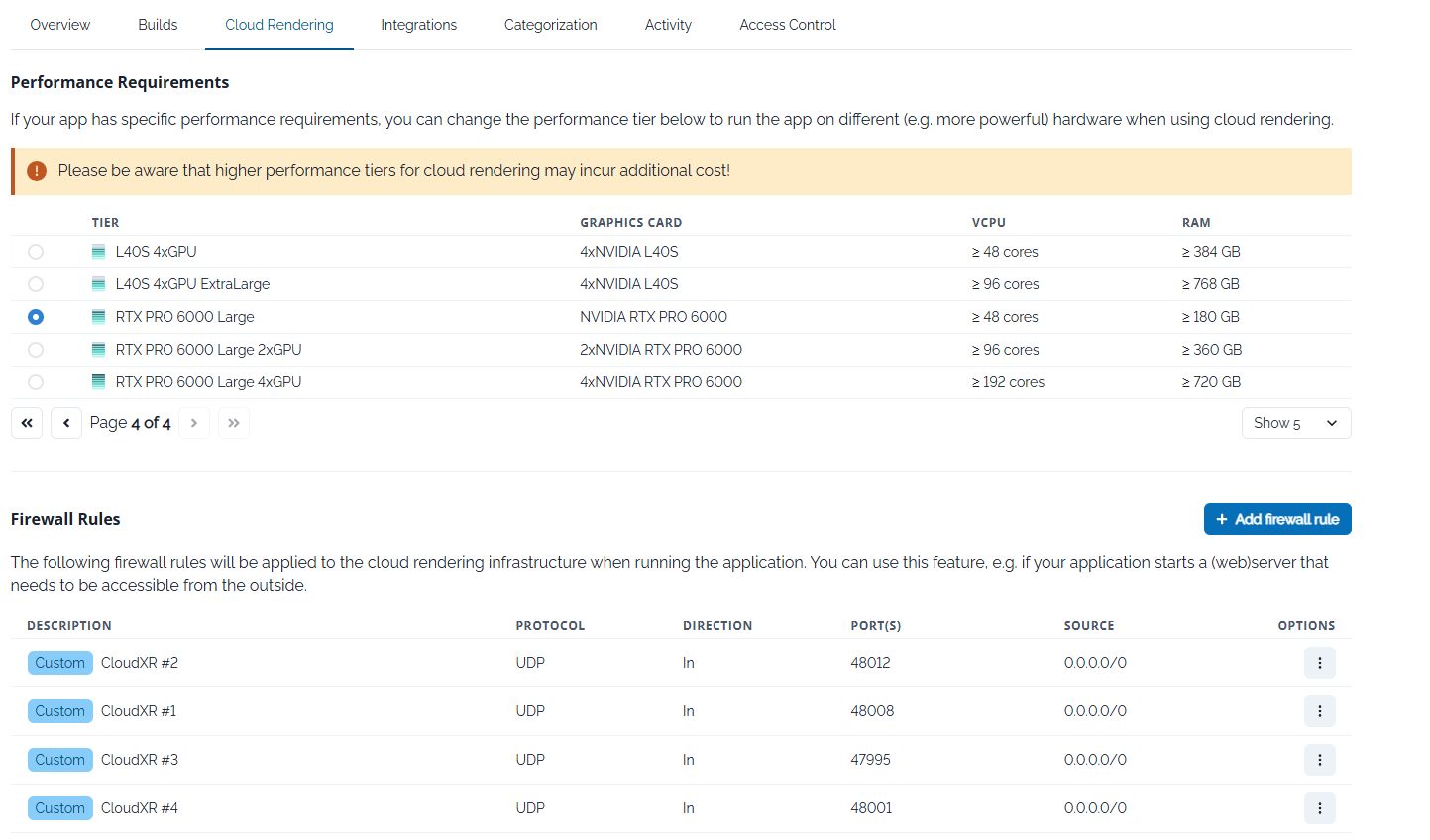 Cloud Rendering configuration page where the required GPU performance tier is selected and CloudXR firewall ports are opened to enable streaming to XR devices.