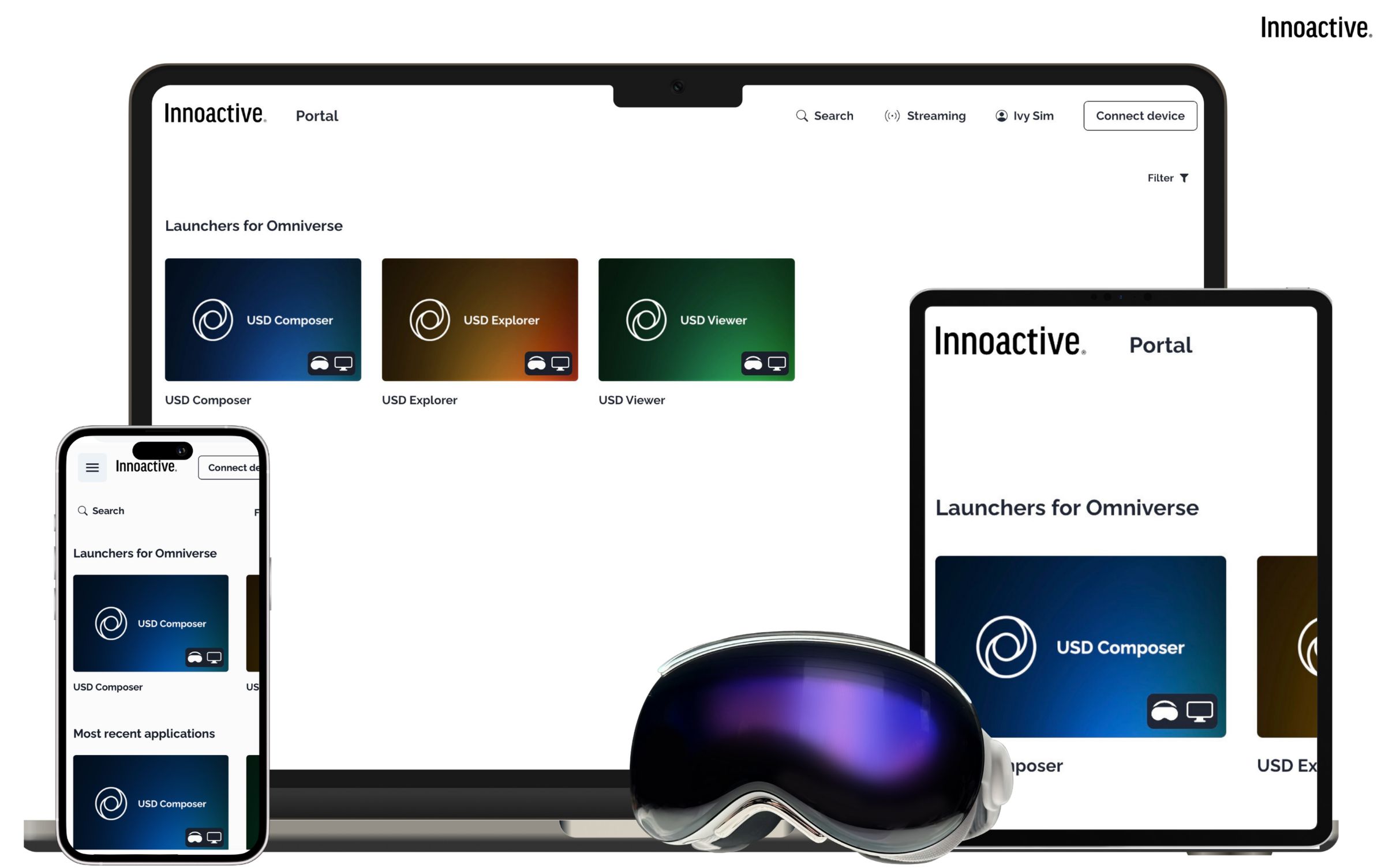 Image: A MacBook, iPhone, iPad in AR mode, and Apple Vision Pro shown running Innoactive Portal across all devices.