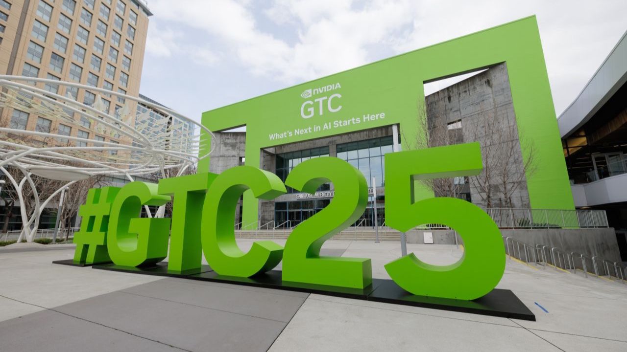 Bold green "#GTC25" sign at the GTC 2025 venue, representing NVIDIA's AI conference.