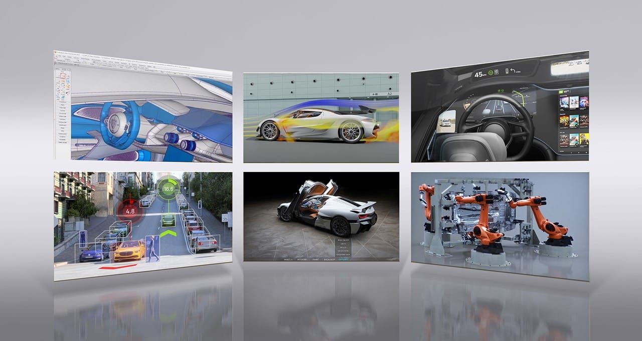 An image featuring multiple visuals of NVIDIA Omniverse, demonstrating how digitalization enhances efficiency, improves safety, and elevates the customer experience