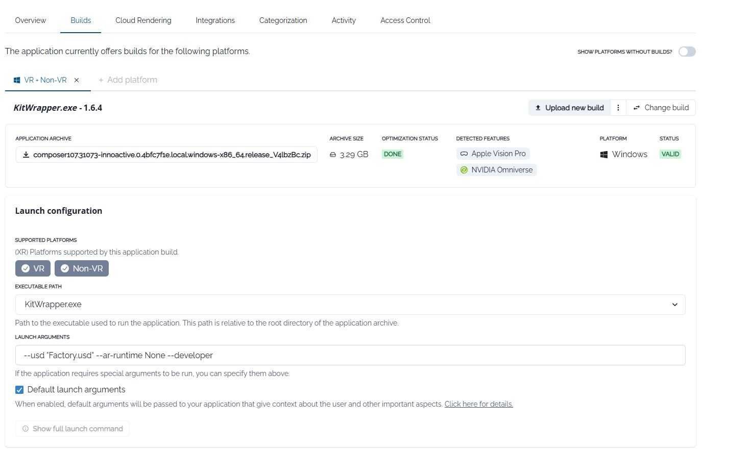 Build configuration page where the Omniverse Kit–based application package is uploaded and configured, defining how the app starts, which platforms it supports, and which USD scene is launched.
