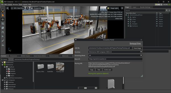 Screenshot of Innoactive USD Composer in NVIDIA Omniverse, streamed via Innoactive Portal, displaying real-time 3D visualization and digital twin simulation.