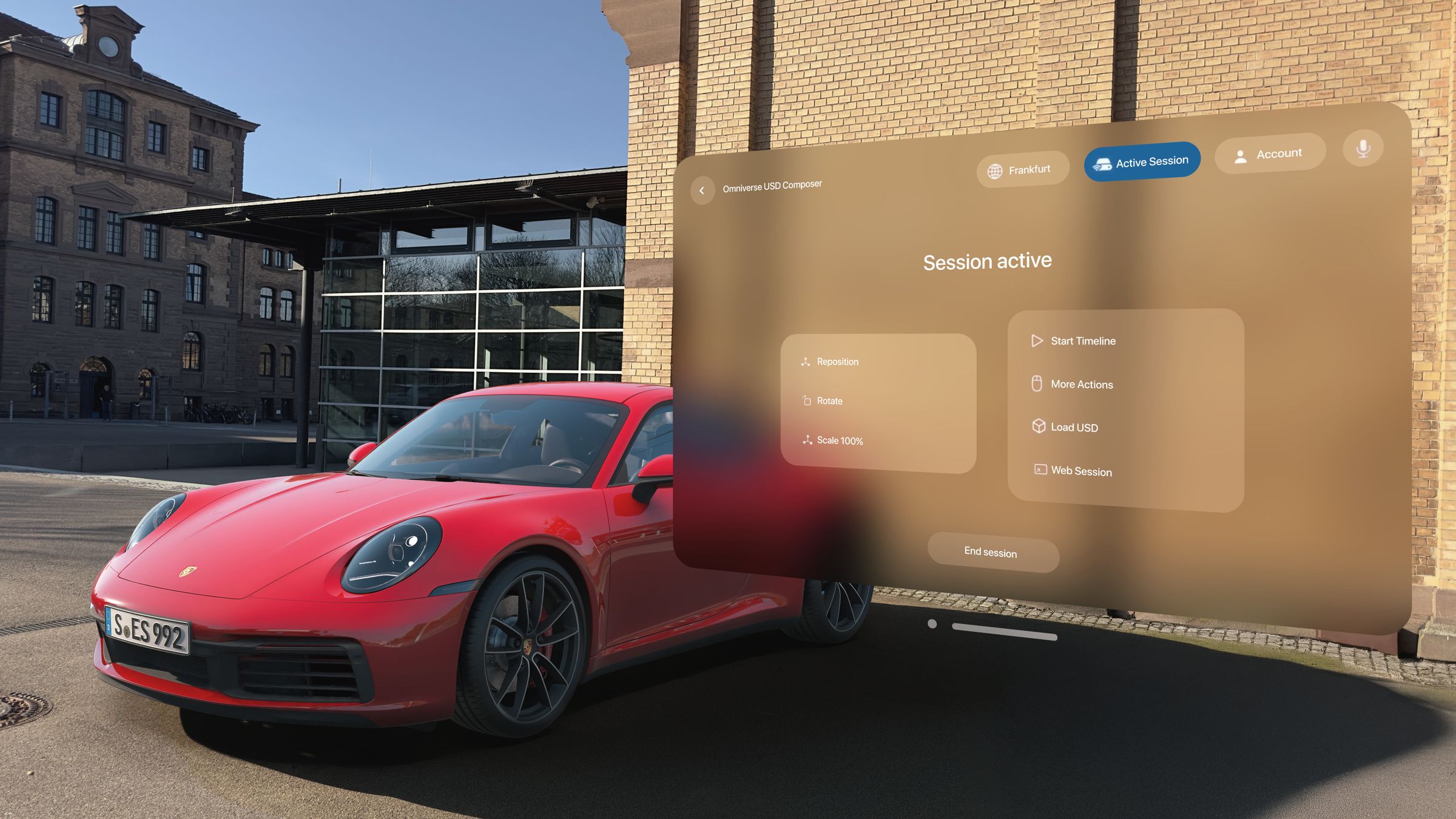 A digital 3D model of a Porsche 911 Carrera displayed on Apple Vision Pro, powered by MHP and Innoactive XR Streaming. Includes fuel consumption (9.4 l/100 km) and CO₂ emissions (215 g/km). Image credit: MHP.