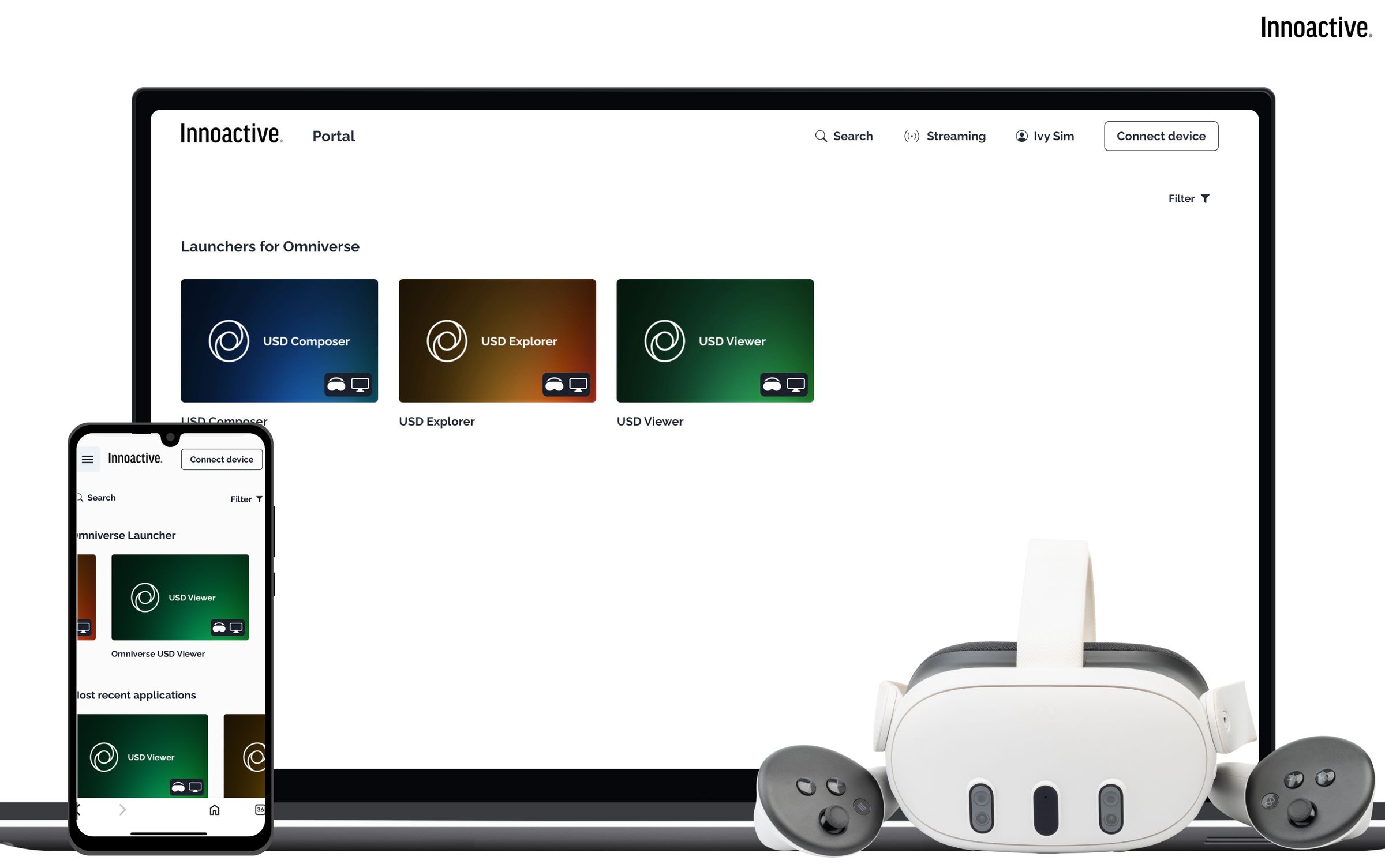 A Quest 3 headset, an Android phone, and a laptop browser running Innoactive Portal across devices.
