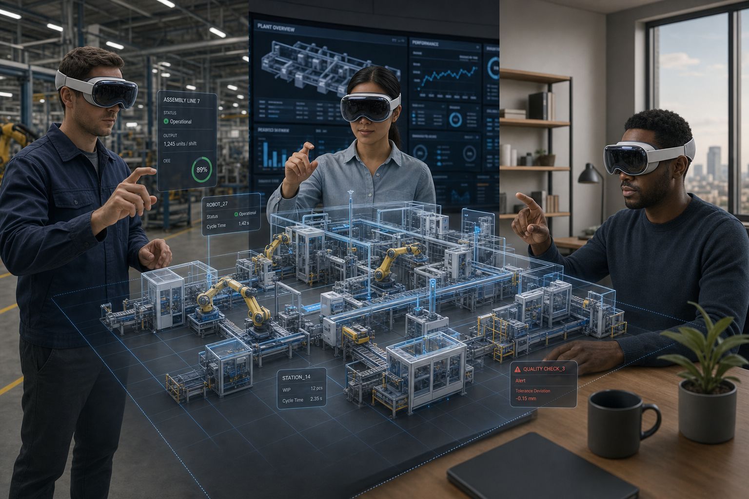 Cinematic wide shot of three manufacturing engineers in three different locations