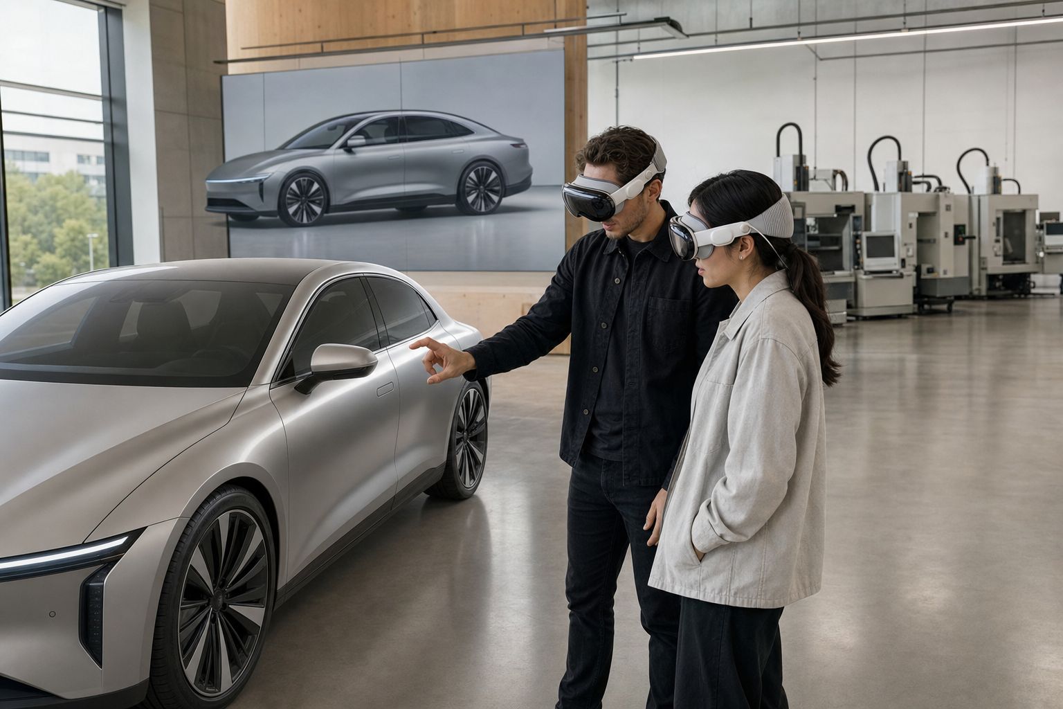Two designers wearing Vision Pro headsets stand beside a life-sized virtual sedan render in a car design studio; one gestures toward a panel of the car as if making an edit.