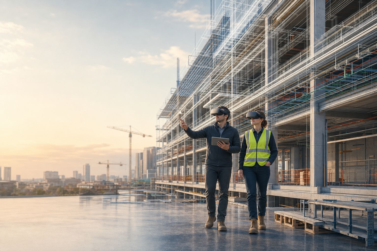 cinematic shot of an architectural construction site at human scale, with two reviewers in VR headsets walking through a half-rend...
