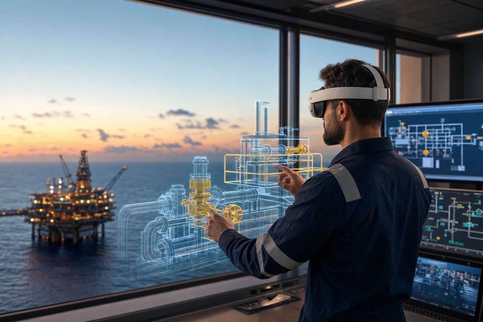 Offshore oil and gas platform at dusk, with a control-room engineer in the foreground in a VR headset reviewing a digital twin of platform piping and valves.