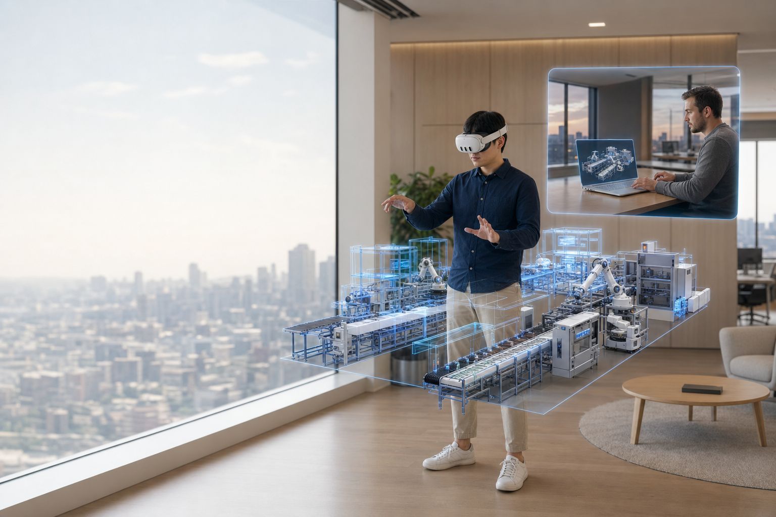 Wide cinematic shot of two collaborators in two different Innoactive customer offices in different geographic locations, both reviewing t...