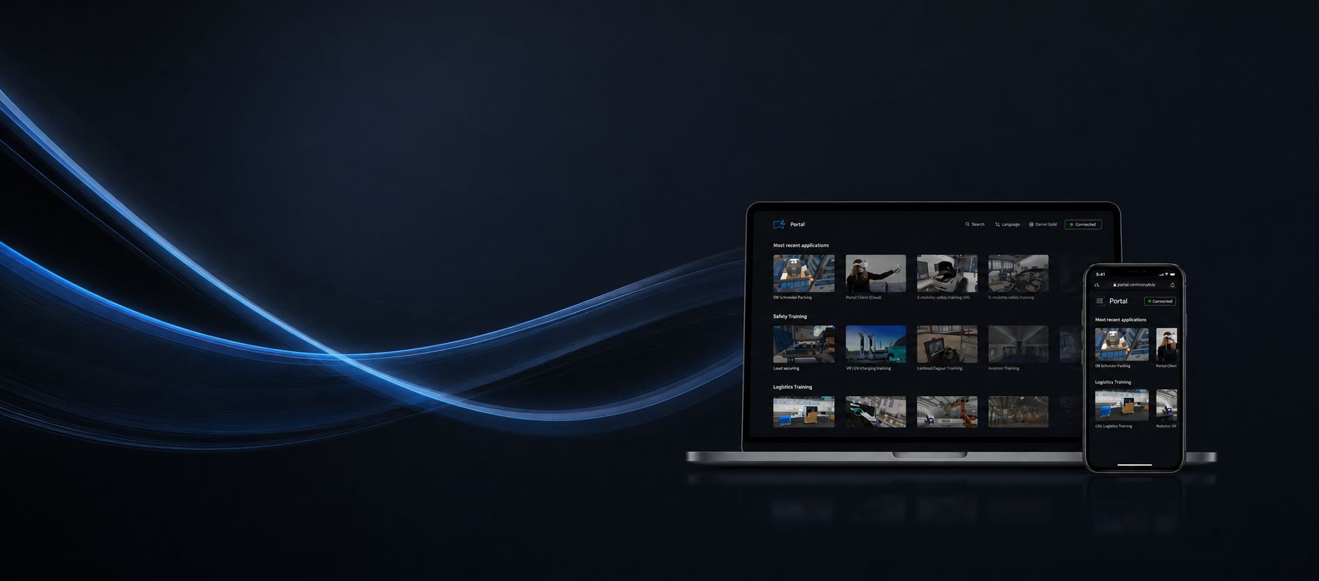 Innoactive Portal application catalog shown on a laptop and an iPhone, with a flowing blue light streak in the background.