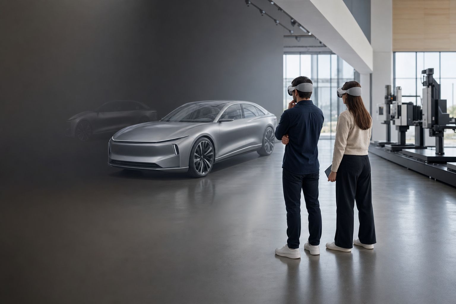A wide, photorealistic interior view of a contemporary automotive car design studio configured for Vision Pro–first design reviews