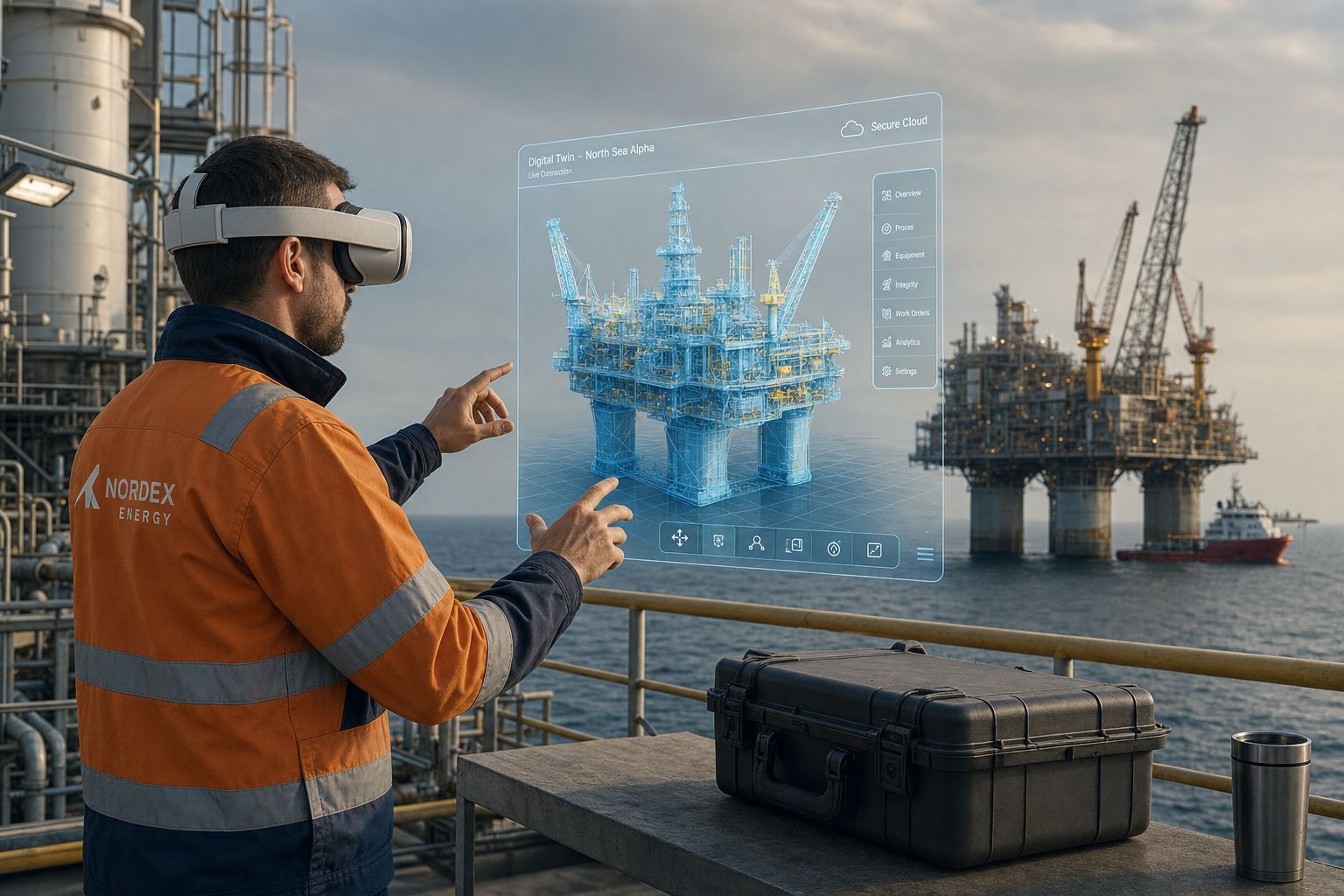 Wide cinematic shot of a field engineer in a remote oil and gas facility wearing a VR headset, reviewing a high-fidelity digital twin of ...