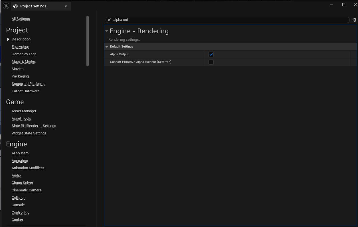 Project Settings — Alpha Output enabled