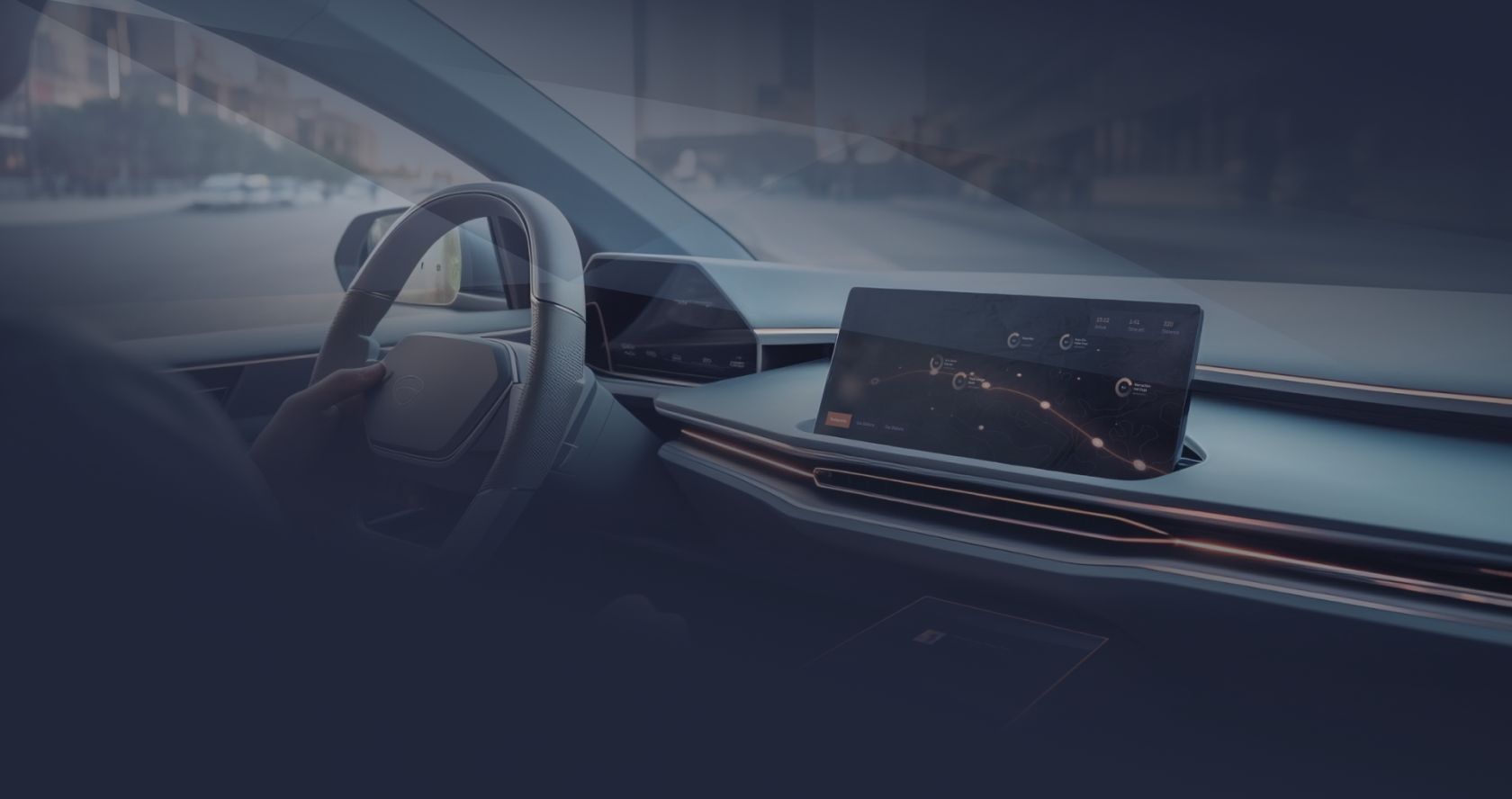 A photoreal automotive cockpit interior with a digital instrument cluster and center-stack infotainment display.