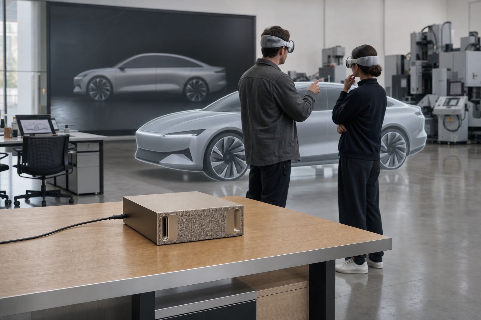 A compact NVIDIA DGX Spark on a polished light-wood table in a contemporary car design studio, with two designers in Vision Pro headsets discussing a virtual car render in the softly-focused background.