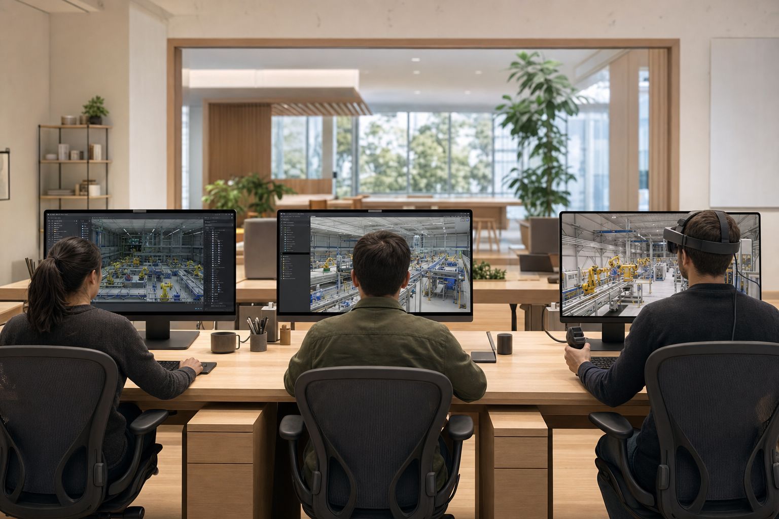 Cinematic shot of three workstations side-by-side inside a modern Innoactive customer studio, each running a different NVIDIA Omniverse a...