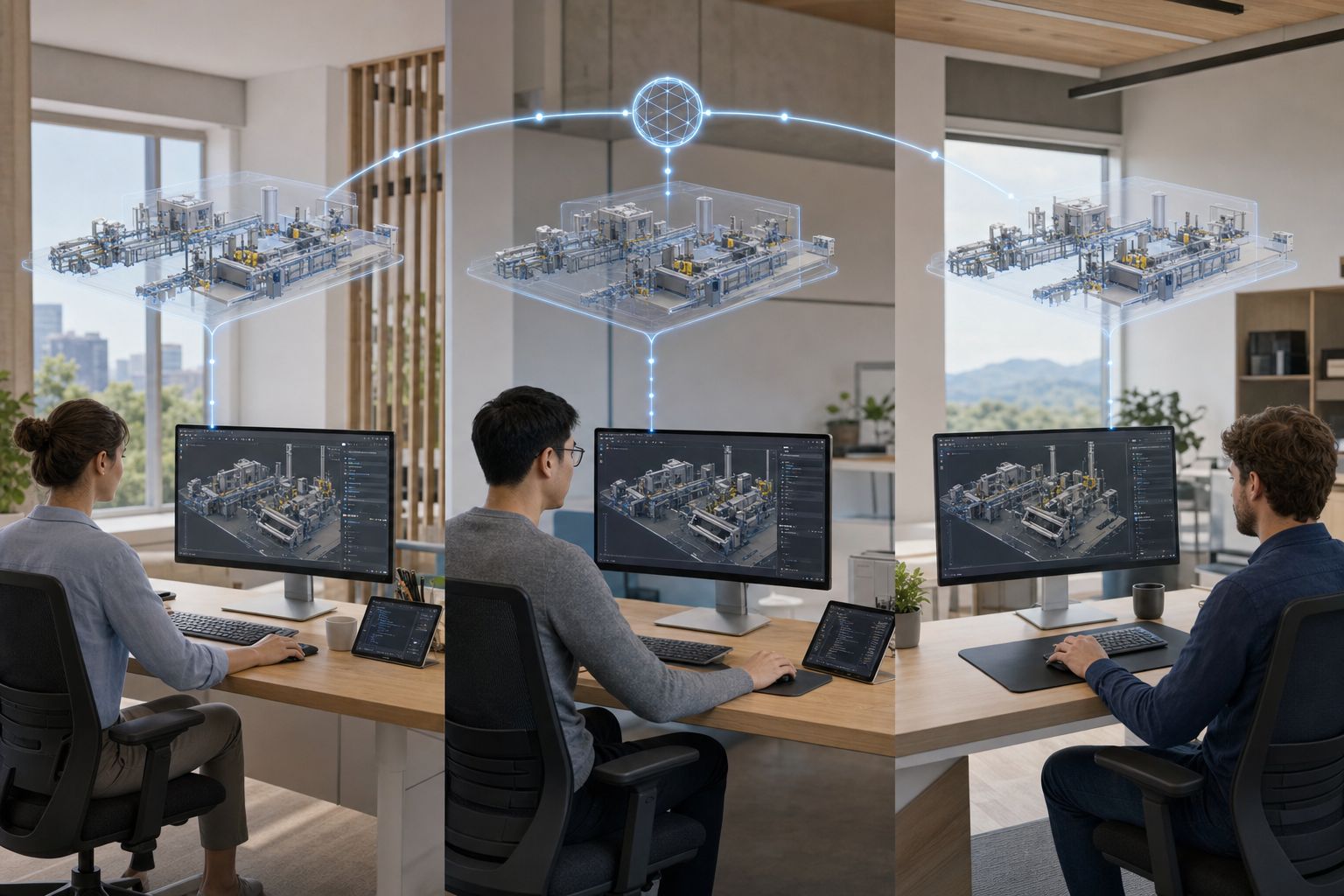 Wide cinematic shot of three engineers in three different Innoactive customer offices simultaneously editing the same USD scene of a manu...