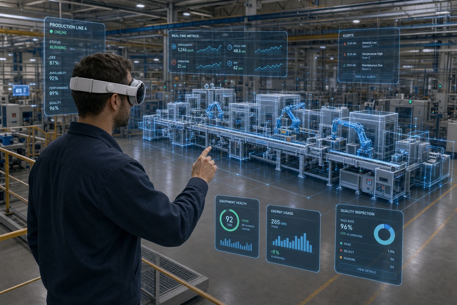 Wide cinematic shot of a control-room engineer standing on a factory floor, wearing Apple Vision Pro and reviewing a glowing digital twin...
