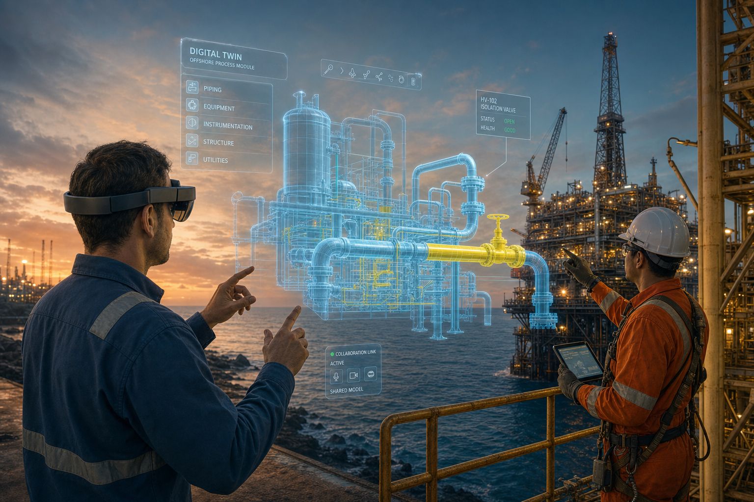 Cinematic wide shot of an offshore platform engineer wearing a VR headset on shore, and a field operator on a rig, collaborating on a sha...