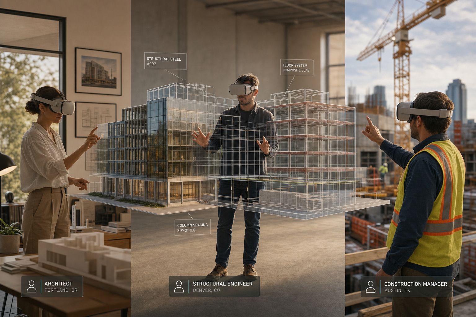 Cinematic wide shot of an architect, a structural engineer, and a construction manager in three different locations, each wearing VR head...