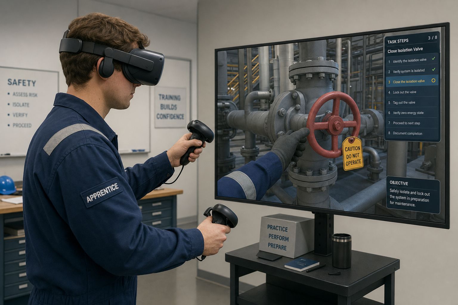Cinematic shot of an apprentice operator wearing a VR headset in a training space, practicing a hazardous-equipment procedure on a high-f...