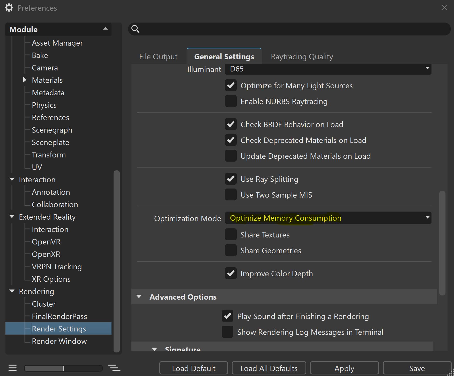 Render Settings — Optimization Mode set to Optimize Memory Consumption