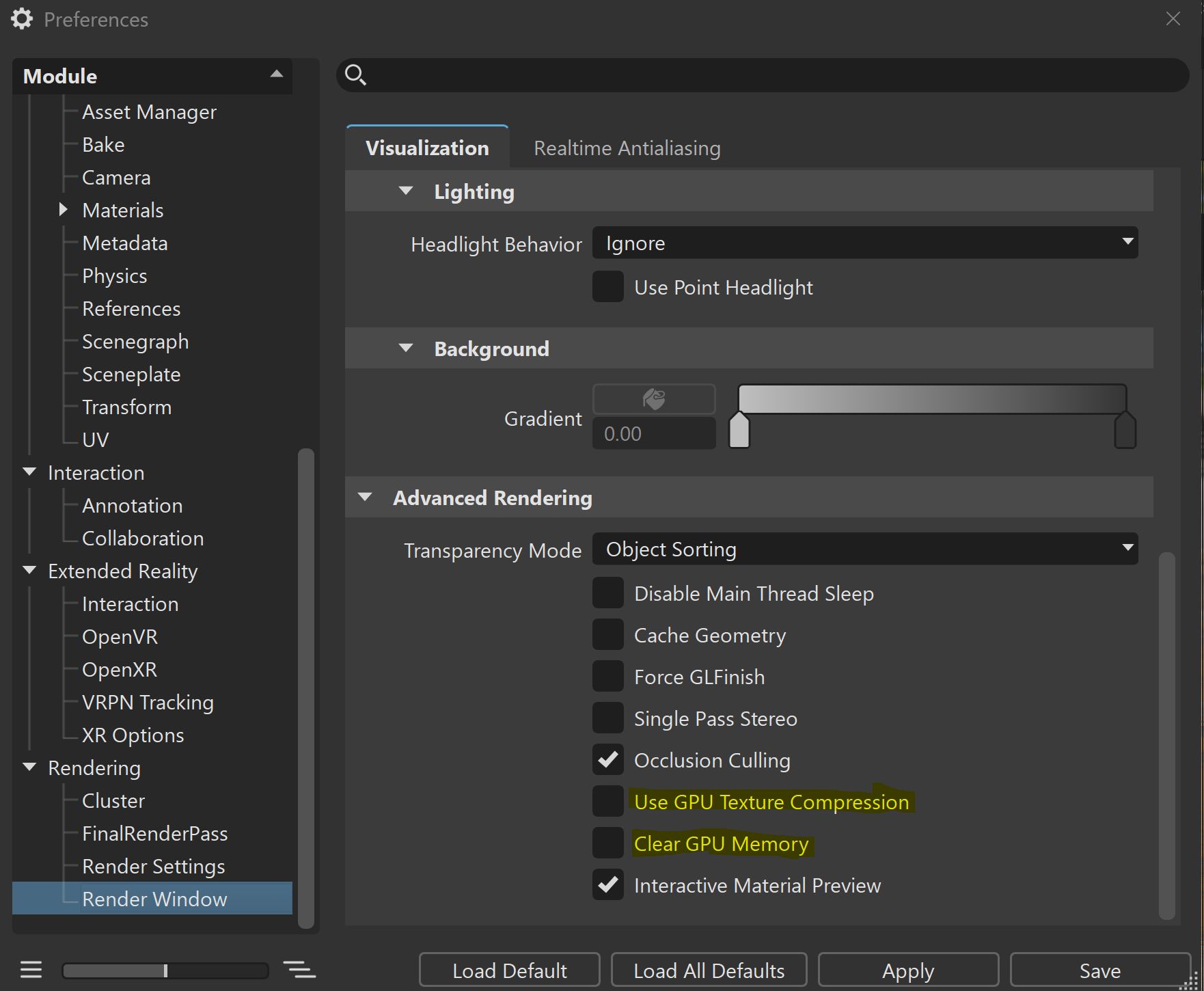 Render Window — Use GPU Texture Compression and Clear GPU Memory enabled