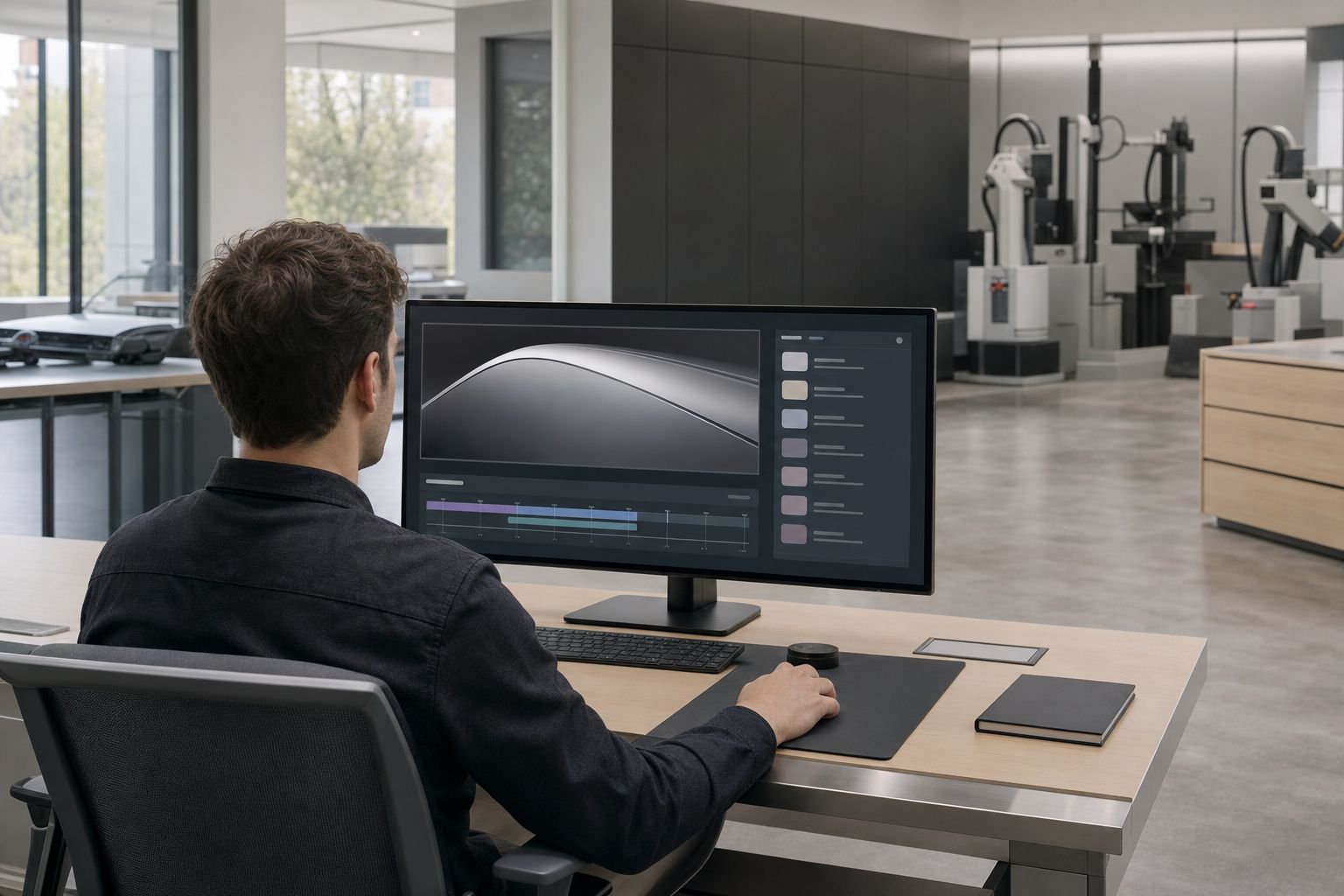A designer seated at a light-wood desk in a car design studio reviews an abstract replay interface on a widescreen monitor; the open studio with its powerwall is softly out of focus behind them.