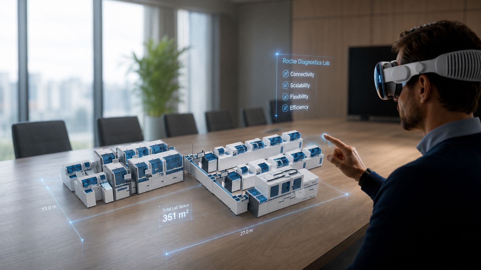 A reviewer wearing Apple Vision Pro inspecting a Roche Diagnostics lab digital twin floating above a conference-room table