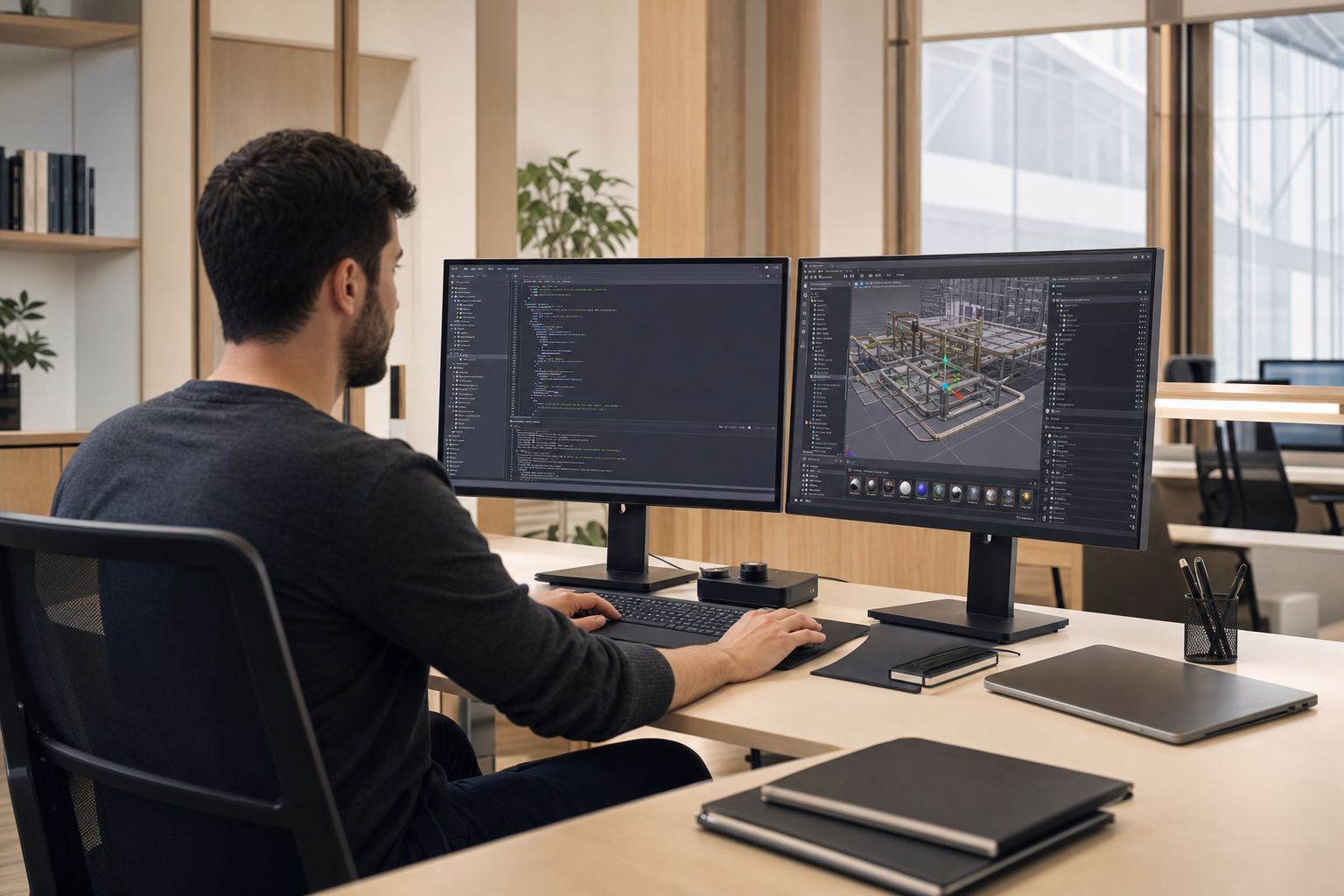 Cinematic shot of an enterprise developer at a workstation inside a modern Innoactive customer office building a custom NVIDIA Omniverse ...