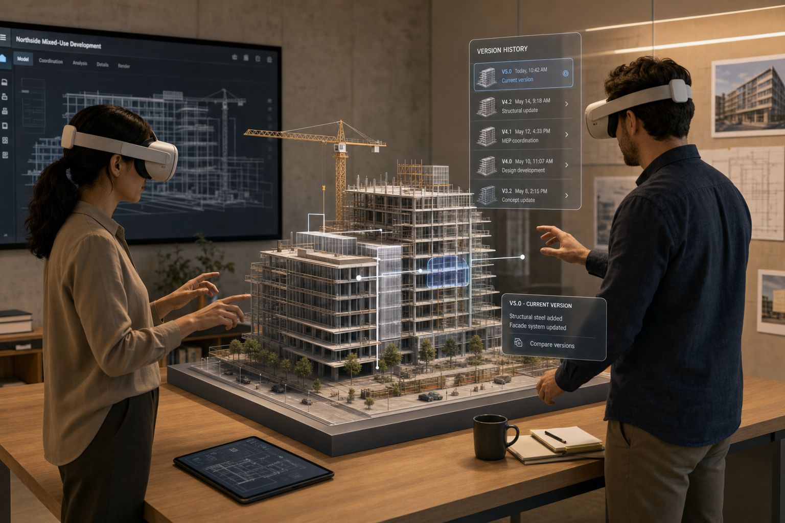 Cinematic shot of two AEC professionals wearing VR headsets in a project room, reviewing a complex building model with subtle version-his...