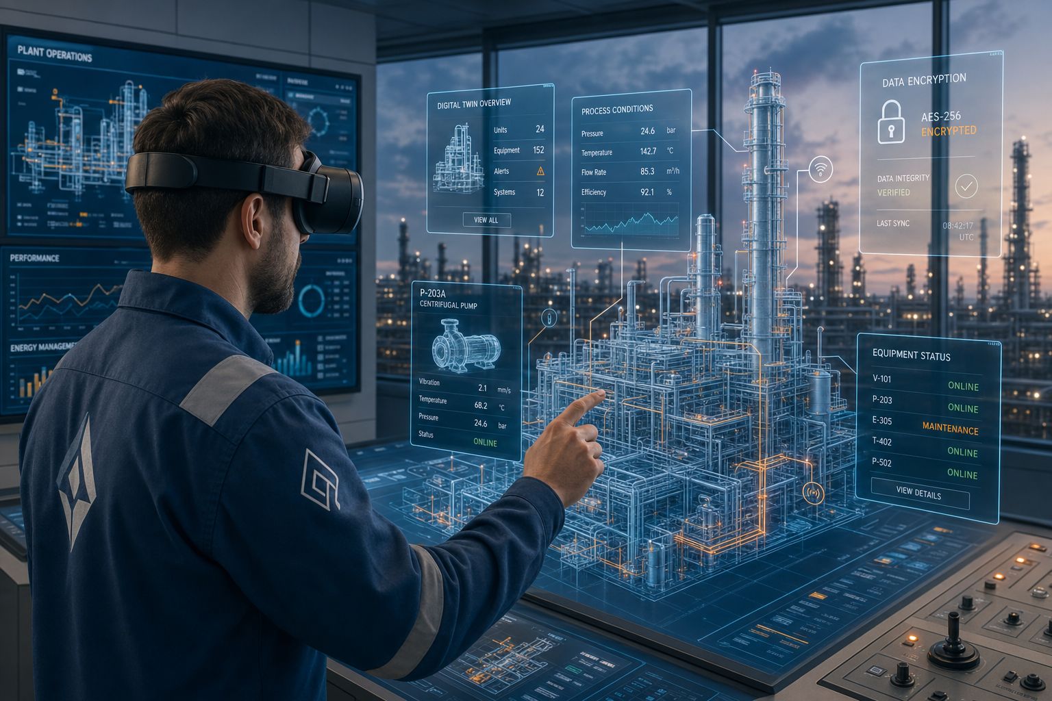 Cinematic shot of a control-room engineer wearing a VR headset reviewing a digital twin of refinery infrastructure, with subtle encrypted...