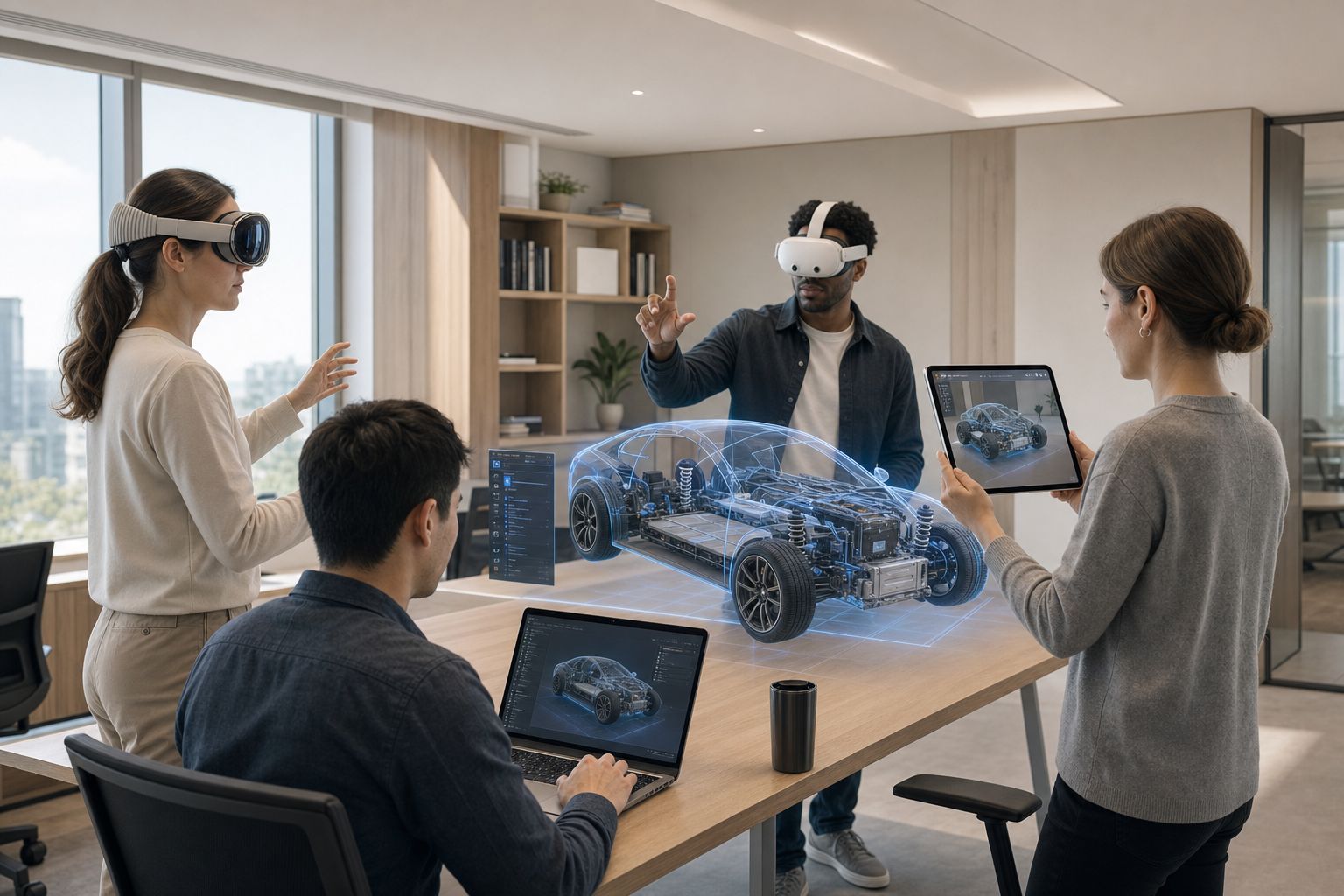 Wide cinematic shot of four reviewers gathered inside a modern Innoactive customer office around a shared NVIDIA Omniverse digital twin o...
