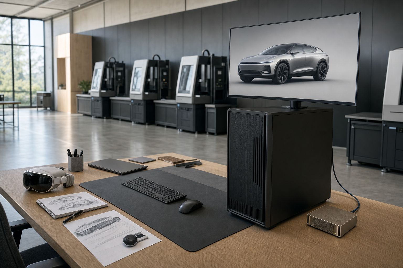 A compact NVIDIA DGX Spark sits on a designer's desk next to a full-size NVIDIA RTX workstation tower, connected by a single Ethernet cable; the studio's powerwall and idle milling machines are softly out of focus behind.