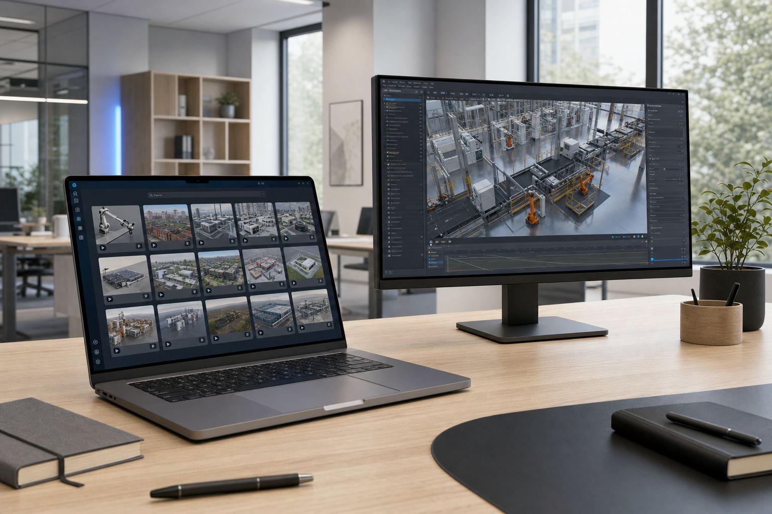 Cinematic shot of a clean modern desk inside an Innoactive customer office
